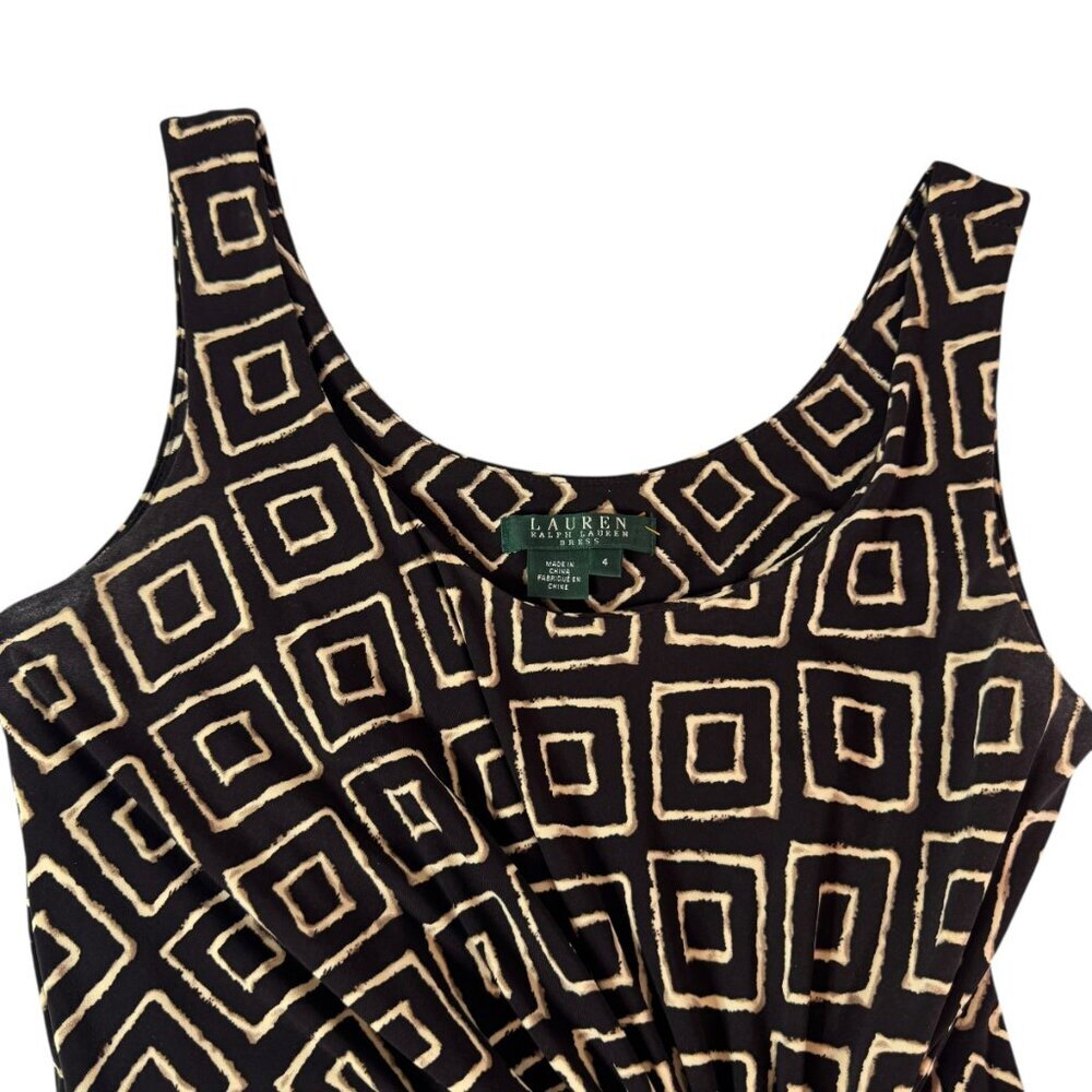 Lauren Ralph Lauren Geometric Print Maxi Dress Size 4 | Black & Cream Knot Front - Picture 2 of 9